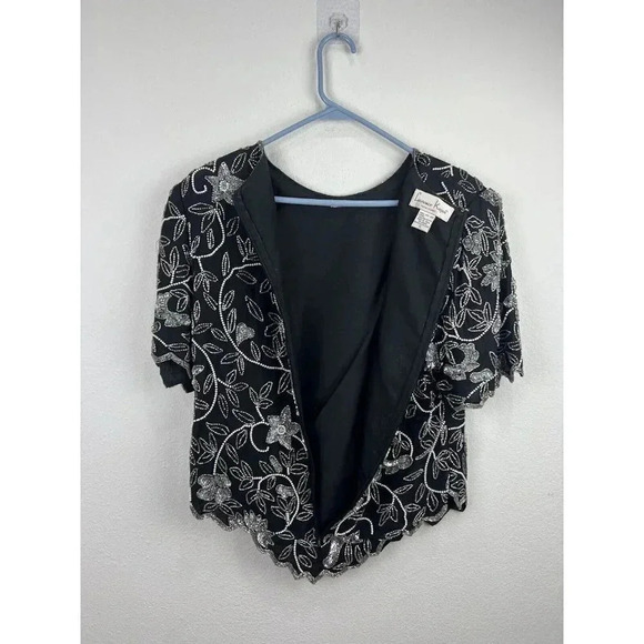 VINTAGE LAURENCE KAZAR HEAVY SEQUIN DRESSY Black And Silver Floral SIZE XL Zip - Picture 4 of 7